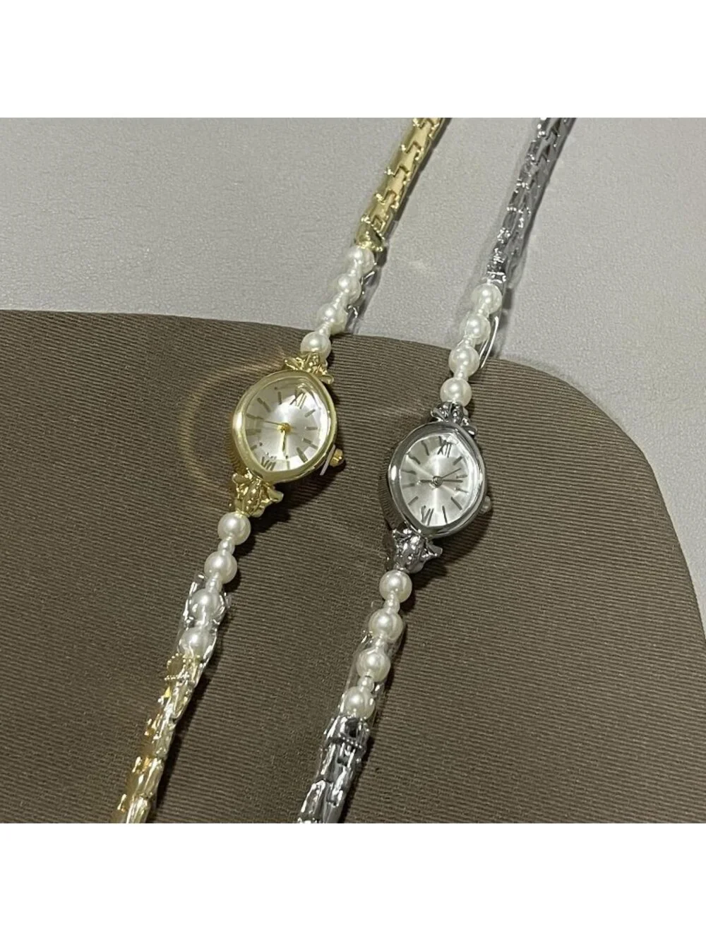 Women's Gold Oval Case Pearl Bracelet Roman Numeral Dial Quartz Wrist Watches